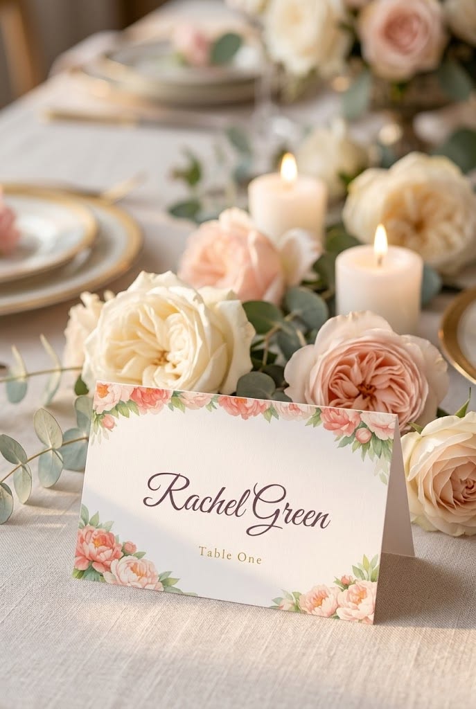 Floral place card among peonies and candles at a wedding table